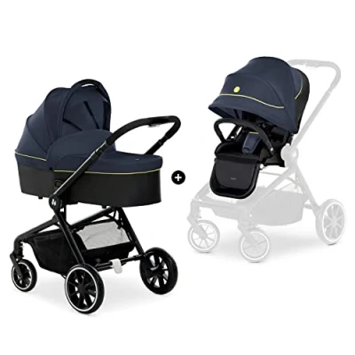 Image of hauck Move so Simply Set, Dark Navy Neon 2 in 1 Pram &amp; Pushchair with Raincover from Birth up to 22 kg inclusive Frame, Carrycot Toddler Seat, Compact Foldable, UPF 50+, Fully Reclining