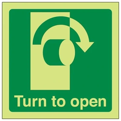 Image of V Safety Glow In The Dark Turn To Open (Clockwise) Door Sign 100mm x Rigid Plastic