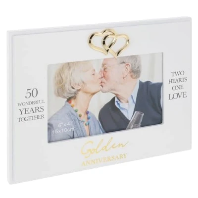 Image of Shudehill Giftware Heartfelt Words Anniversary 6x4 White Hearts Photo Frame 25th Silver, 40th Ruby, 50th Golden (50th)