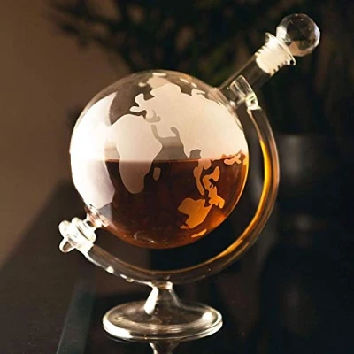 Image of Garden Mile 700ml Capacity World Map Whiskey Decanter Wine Carafe on Cradle Globe for Wine, Cocktails, Liquor, Scotch Unique Gift Idea Glass with Stopper