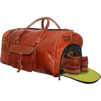 Image of ALASKA EXPORTS Genuine Leather Duffle Bag with Shoe Compartment Weekender Bags Overnight Holdall Travel Duffels Carry On Luggage Brown (24&quot; x 12&quot; 12&quot;)