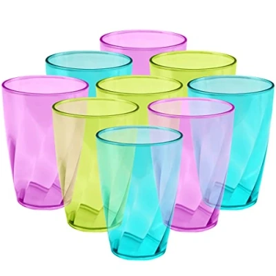 Image of BELLE VOUS 9 Pack Plastic Coloured Cups 400ml/13.5oz Reusable Drinking Tumblers in 3 Colours Hard Drinkware Set for Parties, Camping, BBQs, Picnics &amp; Beach Dishwasher Safe BPA Free