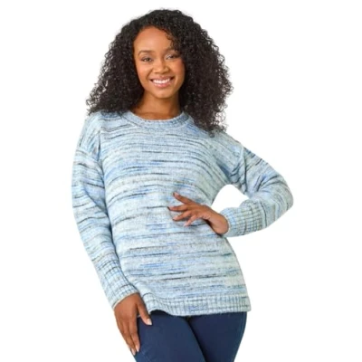 Image of Roman Originals Jumper for Women UK Ladies Winter Autumn Casual Pull On Round Crew Neck Long Sleeve Comfy Work Dinner Party Everyday Colourful Longline Stylish Petite Blue Size 16
