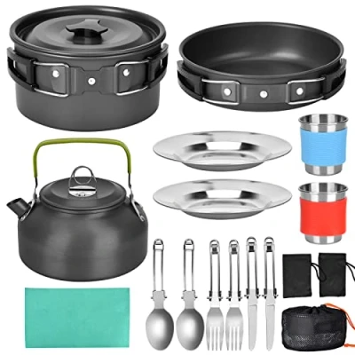 Image of DUOJIN Camping Cooking Set Portable Cookware Kit Aluminum Outdoor Pans Pots and Stove Gear for Hiking BBQ Picnic Campfire Backpacking Travel 1 2 People