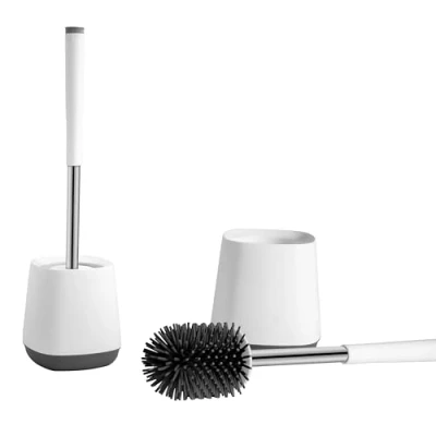 Image of [Upgraded] Toilet Brush with Drainage Holder Set,Flex Silicone Anti Clog Drip Head, White/Grey Colour Stainless Steel Handle, 1 Pack