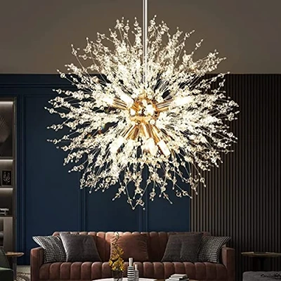 Image of EFPD Modern Crystal Dandelion Chandelier Fireworks, 8 Light Gold Fixture for Living Room, Dining Bedroom, Kitchen