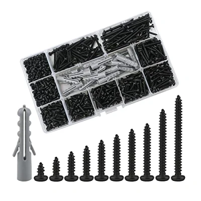 Image of Lemiyoo M3 Pan Head Self Tapping Screws, 630 Pcs Round Phillips Wood Expansion Wall Plug Kit, Carbon Steel Drilling Screw Kit (6/8/10/12/14/16/18/20/25/30mm) (Black)