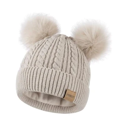 Image of FISFET Beanie Hats for Women with Double Pom Pom, Bobble Hat Cold Weather Warm Cable Knit Fleece Lined, Winter Daily Use(Oatmeal)