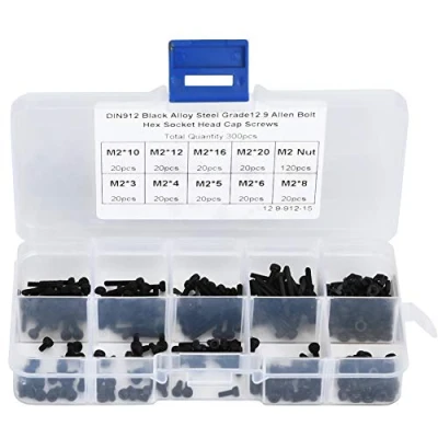 Image of 300pcs M2 x 3 20mm Grade High Strength Black Alloy Steel Hex Socket Head Cap Screw Bolt and Nut Kit, for Machine Maintenance, with Organizer Box