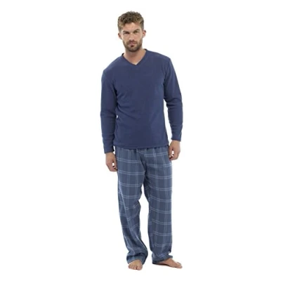 Image of Mens Thermal Fleece Top &amp; Flannel Check Bottoms PJ Pyjama Set Winter Nightwear (Medium, Blue Check)