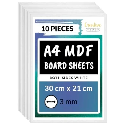 Image of Creative Deco 10 x A4 MDF Board Sheet Double Sided WHITE 300x210x3mm Wooden Blank Decor Art and Craft Painting DIY Projects Laser Cutter CNC Cutting Stenciling Pyrography FRONT BACK