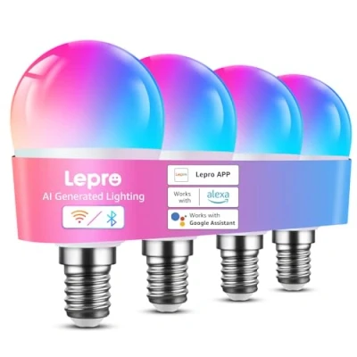 Image of Lepro BP1 AI Smart Bulb E14, 4.9W Music Sync WiFi Bulb, Voice Control, Colour Changing Light Generated Lighting LLM, Dimmable Golf Ball Works with Alexa &amp; Google Assistant, 4 Packs