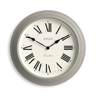 Image of Jones Clocks® Supper Club wall clock Large classic round 40cm Mid grey Roman numerals Traditional design ideal for kitchen or living room