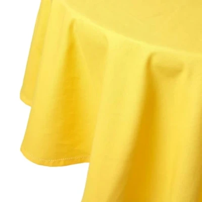 Image of HOMESCAPES Yellow Cotton Round Tablecloth 6 to 8 seater Large Circular 178 cm (70 Inches) Washable Hand Woven 100% Plain with Decorative Ladder Stitch Edge
