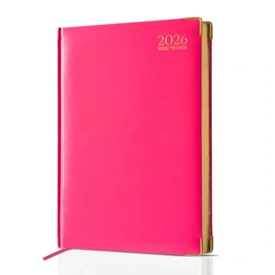 Image of G4GADGET 2026 A4 Diary Week to View Pink Weekly Planner with UK Holidays &amp; International Info Hardback Organizer for Students, Teachers Office Use Stylish Notes Contacts