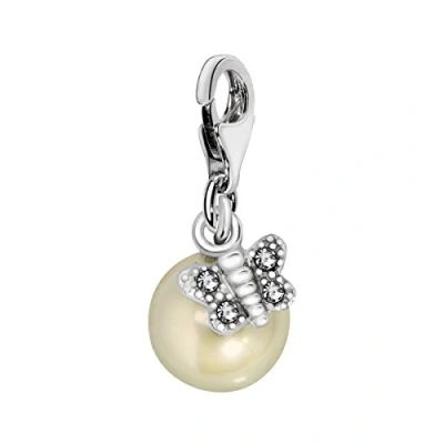 Image of Quiges Imitation Pearl Butterfly Clip On Charm Pendant with Cubic Zirconia Silver Plated Women&#039;s Jewellery