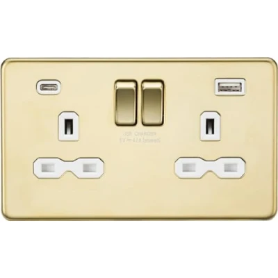 Image of 13A 2G SP Switched Socket with Dual USB A+C (5V DC 4.0A shared) Polished Brass White Insert
