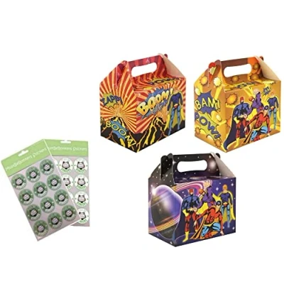 Image of MustBeBonkers Superhero H/B Birthday Party Food Boxes Childrens Picnic Loot Bag Plate Box Sticker Seals (20 Boxes)