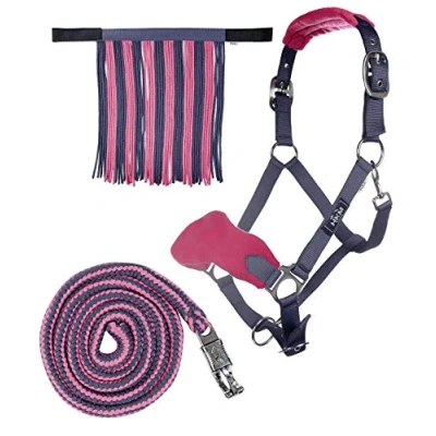 Image of HKM Set mit Panik &amp; Fliegenfransen Halter Gray/Pink Pony