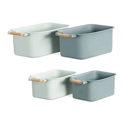 Image of Navaris 4x Plastic Organiser Box Set of 4 Storage Boxes Basket Utensil Holder Caddy w/Wooden Handle for Bathroom Kitchen 2 Sizes, Green/Sage