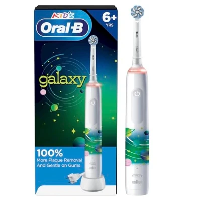 Image of Oral B Kids Electric Toothbrush with Coaching Pressure Sensor and Timer, for 6+, Includes 2 Brush Heads