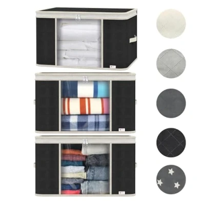Image of Vinsani 3pcs Deluxe Clothes Storage Bags Organizer Large Capacity Double Zipper, Moisture Proof Big Clear Windows Perfect Space for Clothes, Beddings, Blankets and Duvet Black