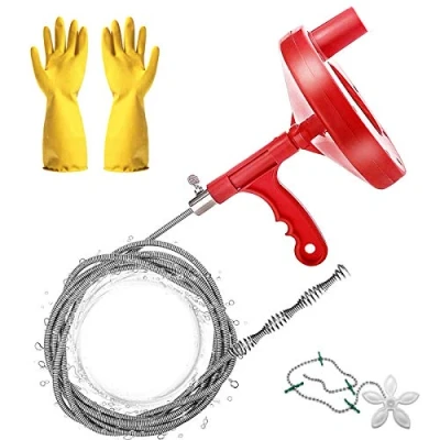 Image of Heavy Duty Plumbers Snake, 7.7m Plumbing Snake Drain Auger, Hair Clog Remover Pipe for Kitchen/Bathroom Sink/Bathtub Drain/Toilet, with Dredge Tool: Gloves and Shower Protector