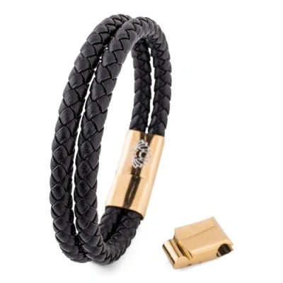 Image of Akitsune Simplicitas Leather Bracelet Magnetic Link Bangle Trinket Premium Women Men Braided Handmade Gold Black 22cm