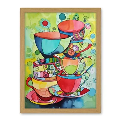 Image of Artery8 Abstract Tea Cups Folk Art Kitchen Artwork Framed Wall Print 18X24 Inch