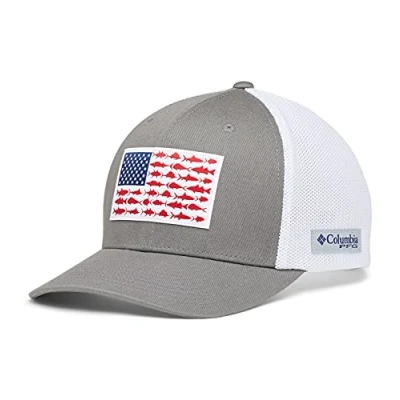 Image of Columbia Unisex PFG Fish Flag Mesh Ball Cap High Crown, Titanium/White, XX Large