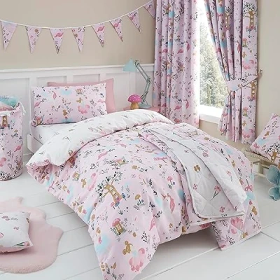 Image of Happy Linen Company Girls Boys Kids Enchanted Forest Unicorn Pink Double Reversible Soft Easy Care Bed Duvet Cover Quilt Bedding Set With Pillow Cases