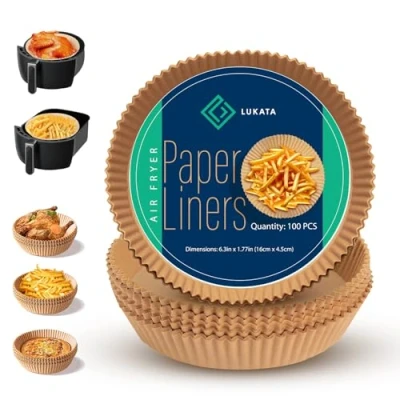 Image of Lukata Air Fryer Liners 100 Pcs 6.3 Inch Round, BPA Free, Food Grade Disposable Paper Ideal for Healthy, Oil Free Fryers Non Toxic, Grease Resistant, Waterproof 5 8L