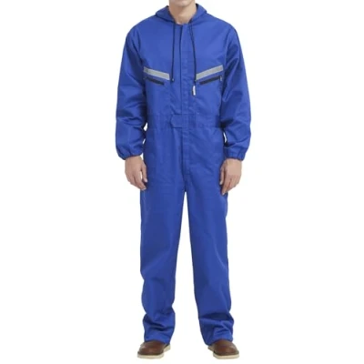 Image of Yukirtiq Men&#039;s Workwear Hooded Boilersuit Coverall with Multi Pockets, Heavy Duty Polycotton Overall Trousers Mechanics Boiler Suit Reflective Tape, Royal Blue, XL