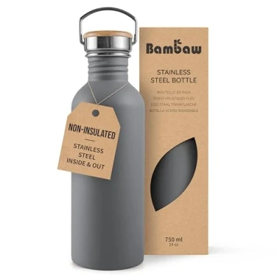 Image of Bambaw Stainless Steel Water Bottle 750ml, Grey Bottle, Non Insulated 750ml Metal BPA Free Leak Proof Bottles, Reusable Stormy