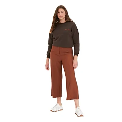 Image of Trendyol Women High Waist Wide Leg Trousers Brown