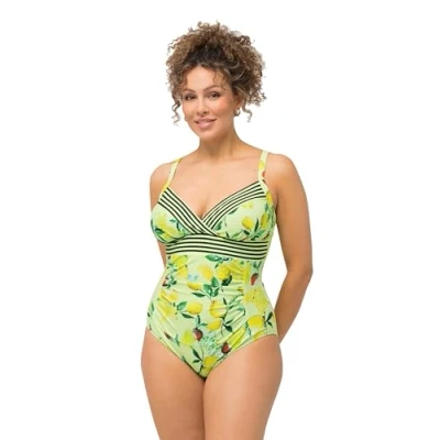 Image of Ulla Popken Women&#039;s Swimsuit, Vicky, Lemon Berries 826549 One Piece, Green, 24