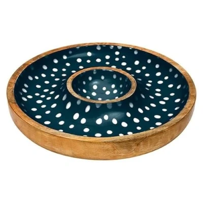 Image of Dexam Sintra Mango Wood Spotted Chip and Dip Bowl Ink Blue