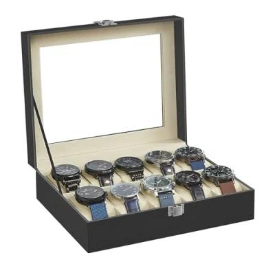Image of SONGMICS Watch Box with 10 Slots, Case Glass Lid, Display Removable Pillows, Metal Clasp, Gift Idea, Black Synthetic Leather, Greenish Beige Lining JWB010