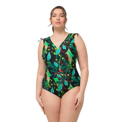 Image of Ulla Popken Women&#039;s Petra Ruffled Shoulder Swimsuit 826455 One Piece, Black, 22