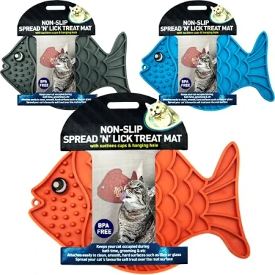 Image of 2x Fish Shaped BPA FREE Cat Feeding Mat SLOW FEEDER Lick Food Licking ANTI SLIP Pad with SUCTION CUPS for Cats Food, Treats, Boredom (Assorted (Pack of 2), 20cm)