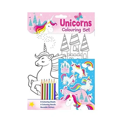 Image of Children&#039;s Girls Unicorns Colouring Book Stickers &amp; Pencils Activity