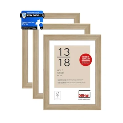 Image of DEHA Design Fontana Photo Frame 5x7, 13x18cm, Set of 3, Wooden Picture Frame, Oak with Protective Acrylic Glazing and Push Turn Clips