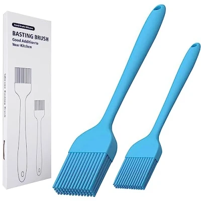 Image of Silicone Basting Brush Set of Two Heat Resistant Long Handle Pastry for Grilling, Baking, BBQ and Cooking, 8 10 Inch (Blue)