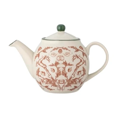 Image of Bloomingville Beth Teapot in Cream Retro Stoneware with Nostalgic Pattern, Green &amp; Red Detail, 900ml Capacity, D14xH16 cm, Dishwasher/Microwave/Oven Safe, Ideal for Enjoyable Moments Loved Ones