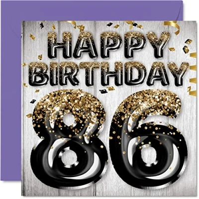 Image of 86th Birthday Card for Men Black &amp; Gold Glitter Balloons Happy Cards 86 Year Old Man Dad Great Grandad Grandpa Gran, 145mm x Eighty Six Sixth Bday Greeting Gift