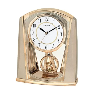 Image of RHYTHM Contemporary Modern Mantel Clock Gold Champagne Colour Swinging Pendulum Easy to Read Dial 4RP772WR13