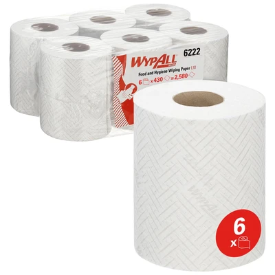Image of WypAll L10 Food &amp; Hygiene Wiping Paper 6222 1 Ply Dry Cleaning Wipes 6 White Centrefeed Rolls x 430 (2,580 Total)