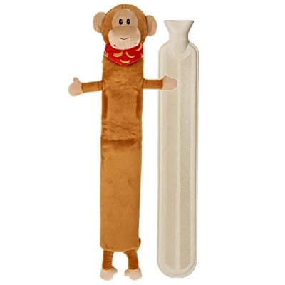 Image of Extra Long Hot Water Bottle Super Soft Novelty Plush Cover Natural Rubber 2L Capacity 72cm Perfect for Pain Relief on Aches or Injuries (Monkey)