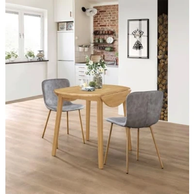 Image of Hallowood Furniture Ledbury Small Dining Table and 2 Chairs, Round Drop Leaf Grey Leather Effect Wooden Folding Chairs in Light Oak, Room Set
