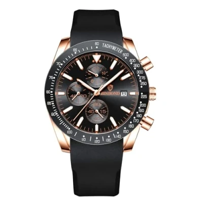Image of JewelryWe Men Business Quartz Watch: Black Big Dial Luminous Analog Silicone Perspire Band 30M Waterproof Chronograph Date Casual Wristwatch